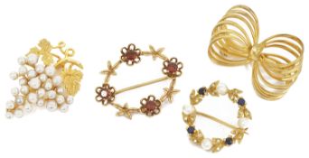 Three contemporary gold and gem set brooches one set with cultured pearls in the form grapes on