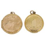 Two antique 9ct gold hinged circular picture lockets each marked for 9ct 'back & front' and both
