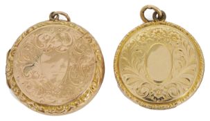 Two antique 9ct gold hinged circular picture lockets each marked for 9ct 'back & front' and both