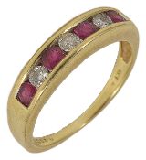 A contemporary diamond and ruby seven stone ring the stones set alternately in an 18ct gold