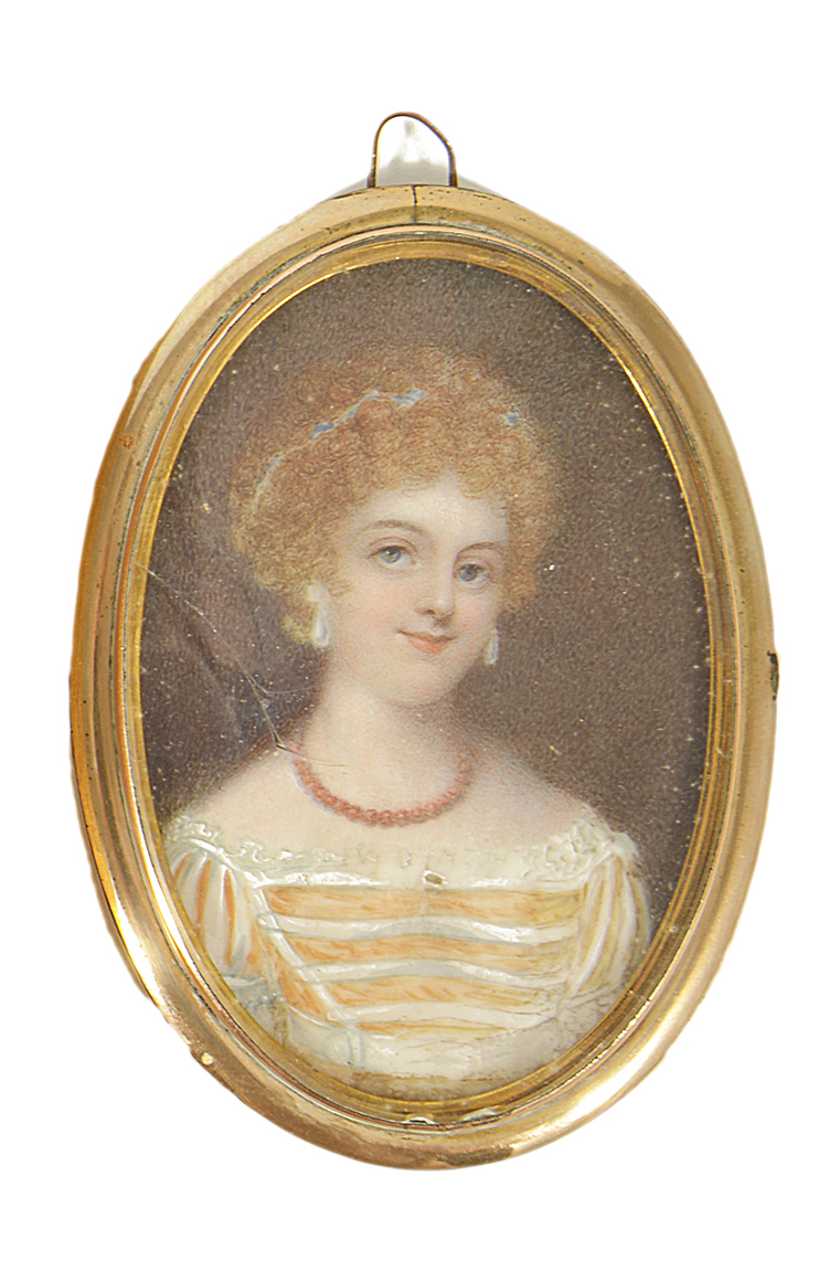 An oval painted miniature on ivory of a lady, late 19th century, a blue jewelled head dress over her