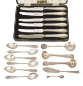 A small collection of silver flatware comprising a set of six silver handled fruit knives, five