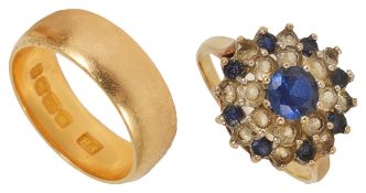 An 18ct gold wide wedding band, B'ham 1952 together with a 9ct gold mounted cluster dress ring (2)