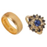 An 18ct gold wide wedding band, B'ham 1952 together with a 9ct gold mounted cluster dress ring (2)