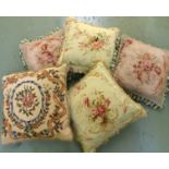 Five French assorted cushions made from antique floral tapestry of rose and ribbon design,