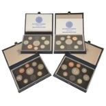 A collection of Guernsey Proof Coin Sets to include two cased eight piece coin sets of 1985