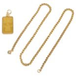 A contemporary 5 gram fine 'Credit Suisse' gold ingot on chain the ingot set in simple 14ct gold