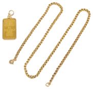 A contemporary 5 gram fine 'Credit Suisse' gold ingot on chain the ingot set in simple 14ct gold