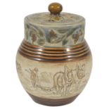 A Hannah Barlow Doulton Lambeth stoneware lidded Jar, dated 1887 decorated with an incised band of