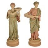 Two Royal Dux figurines, late 19th/early 20th century modelled as a female holding a circular dish