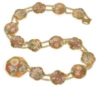 A fine Japanese cloisonne panel belt/necklace, circa 1900 the shaped panels of chrysanthemum,