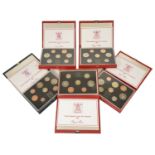 A collection of UK De Luxe Proof Coinage Sets comprising of 1984 8 coin proof set, 3 x 1985 7 coin