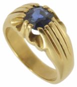 A large heavy 18ct gold mounted gentleman's single stone sapphire set ring the central sapphire