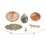 An Edwardian 9ct gold and pearl foliate brooch and other items a carved shell cameo brooch depicting