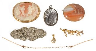 An Edwardian 9ct gold and pearl foliate brooch and other items a carved shell cameo brooch depicting