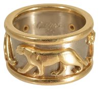 A Cartier two colour gold 'Pharaon' panther ring the 18ct. matte white gold band with yellow '