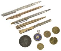 A selection of pens and token coins including novelty rifle penknife/pen comprising of a Cross