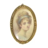 An oval miniature of a young lady 20th century, looking over her right shoulder, wearing a blue head