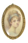 An oval miniature of a young lady 20th century, looking over her right shoulder, wearing a blue head