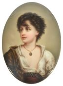 A German porcelain painted oval plaque of a young girl, possibly KPM depicting a young girl with