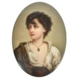 A German porcelain painted oval plaque of a young girl, possibly KPM depicting a young girl with