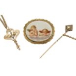 A small Art Nouveau scroll pendant on gilt chain a thread work and half pearl set Victorian pin,