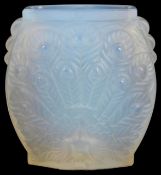 A French Etling Art Deco opalescent glass vase, modelled as a rectangular shaped vase with a peacock