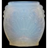 A French Etling Art Deco opalescent glass vase, modelled as a rectangular shaped vase with a peacock