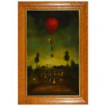 A colourful print of a red hot air balloon floating above a gathering of people in a field with a