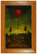 A colourful print of a red hot air balloon floating above a gathering of people in a field with a