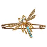 An Edwardian turquoise and pearl set dragon fly brooch the body and eyes set with turquoise and