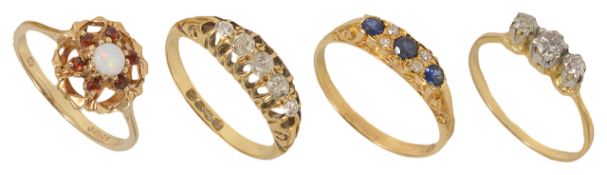 A Victorian five stone diamond set gypsy ring and three other rings the gypsy ring in 18ct gold