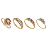 A Victorian five stone diamond set gypsy ring and three other rings the gypsy ring in 18ct gold
