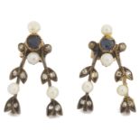 A pair of delicate Edwardian rose diamond and small pearl mounted foliate earrings, converted from a