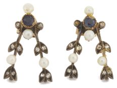 A pair of delicate Edwardian rose diamond and small pearl mounted foliate earrings, converted from a