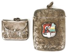 Snooker interest: An Edwardian silver vesta case, Chester 1906 with applied enamel shield