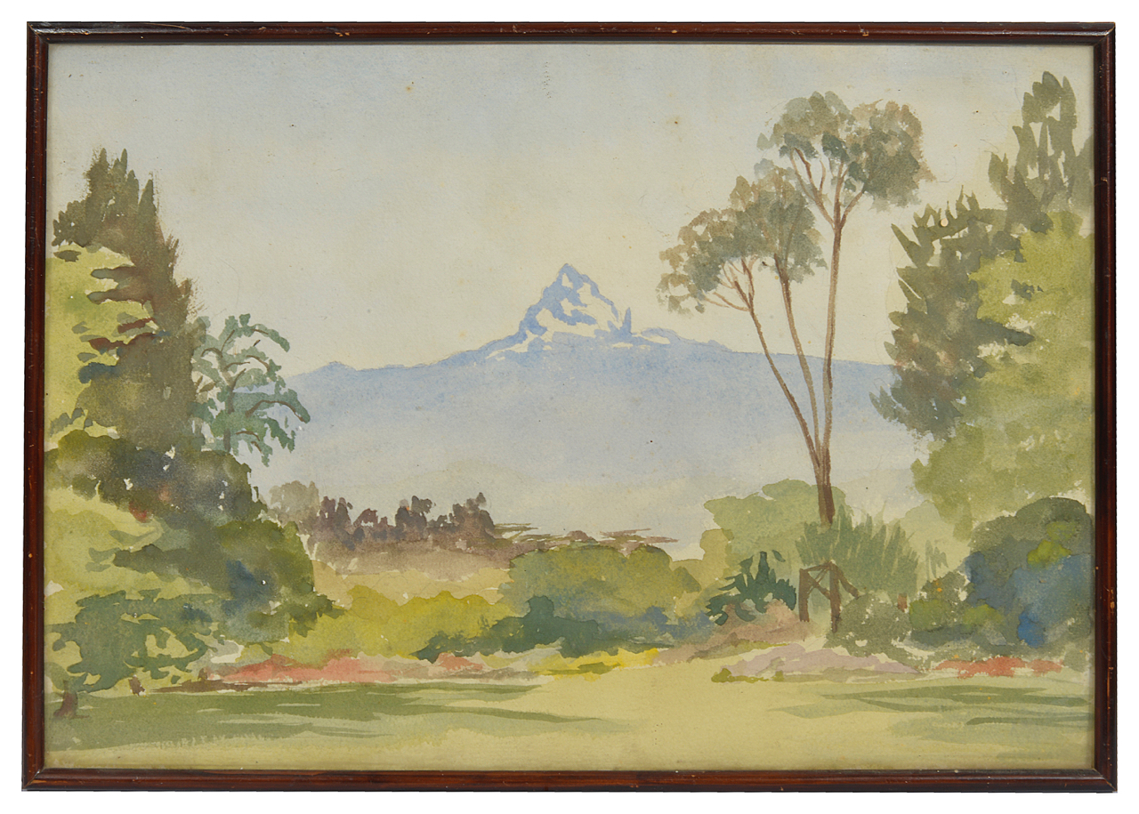 A 20th century watercolour, British School, depicting the Provence Alps from a garden view,