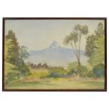 A 20th century watercolour, British School, depicting the Provence Alps from a garden view,