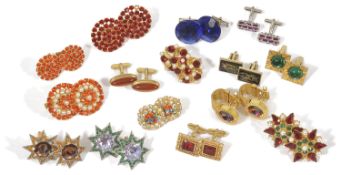 A collection of fifteen pairs of large dress cufflinks mainly set with coloured rhinestones and of