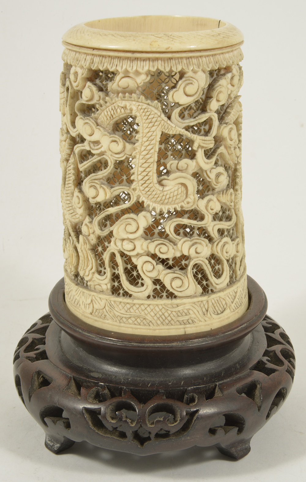 A Chinese 19th century carved ivory brush stand the cylindrical shaped holder carved with several - Image 4 of 4