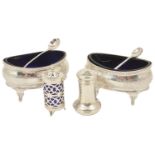 A pair of George III silver oval shaped salts, London 1806 with gadrooned borders above foliate
