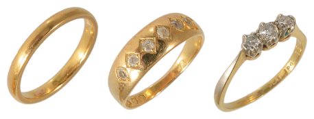 A Victorian six stone diamond set 18ct gold gypsy ring, together with a 22ct gold wedding and a