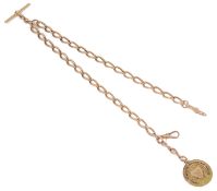 An Edwardian 9ct. rose gold watch Albert with Hull Kingston Rovers gold medallion fob, the large