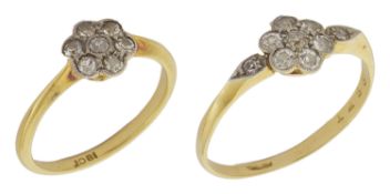 Two delicate Edwardian diamond set 'daisy' cluster rings tests for gold the first with cluster set