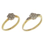 Two delicate Edwardian diamond set 'daisy' cluster rings tests for gold the first with cluster set