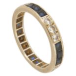 A sapphire and diamond set full eternity ring the white metal mount set with three square cut