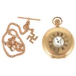 A Waltham 14ct gold plated half hunter pocket watch the white dial with Roman numeral hours, baton