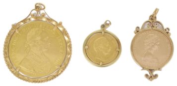 Three gold mounted coin pendants A 1915 fine gold Austrian 4 Ducat coin in ornate yellow metal