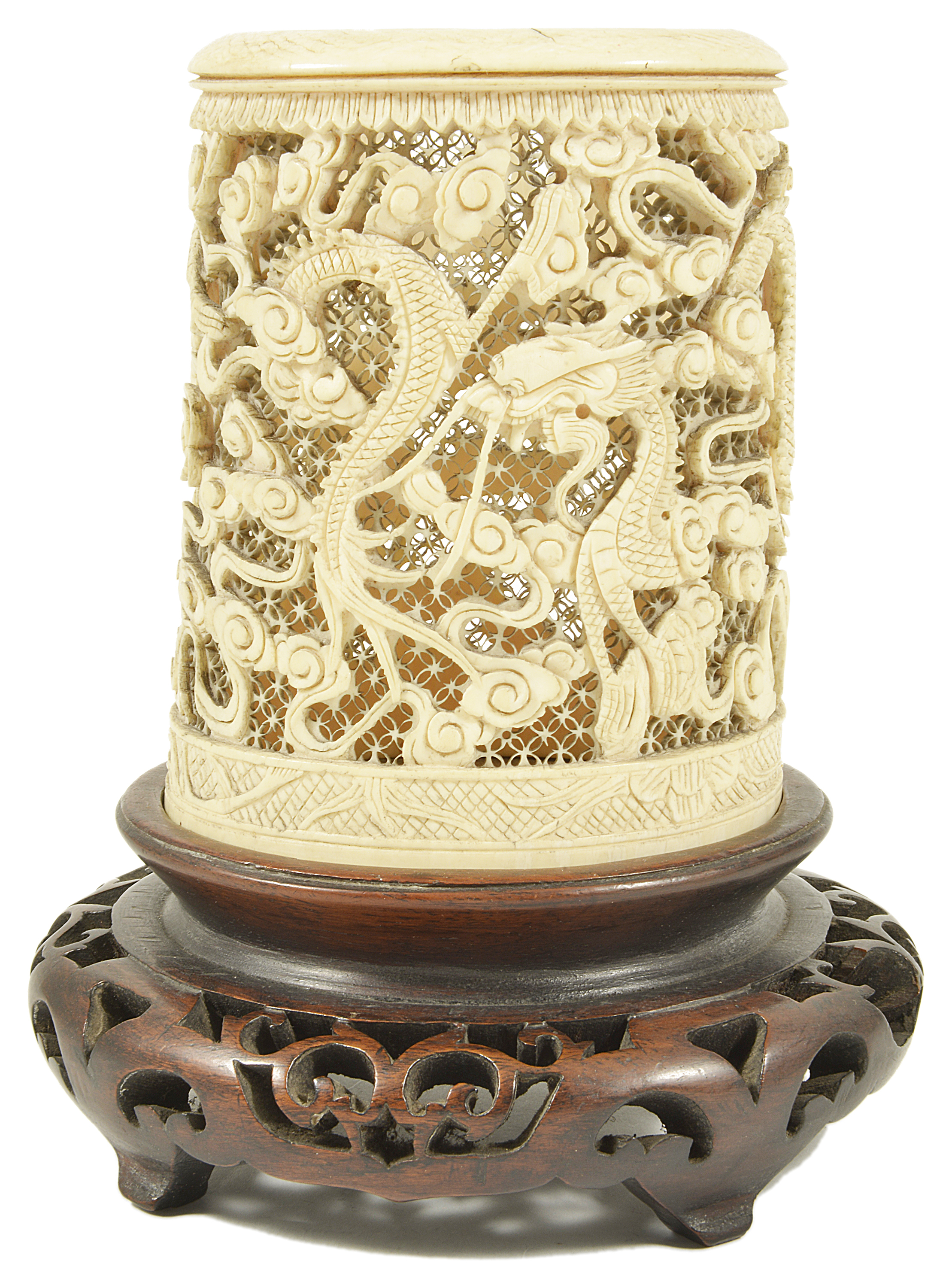 A Chinese 19th century carved ivory brush stand the cylindrical shaped holder carved with several
