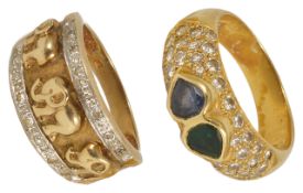 A Continental sapphire, emerald and pave diamond set fancy ring the 18ct. gold mount set with